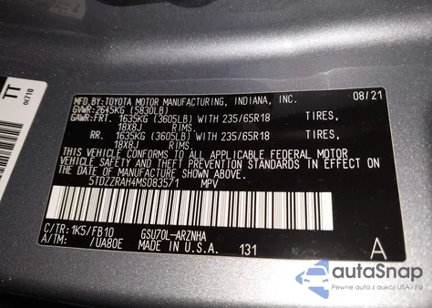 2021 Toyota Highlander Le z USA, uszkodzony, nr VIN 5TDZZRAH4MS083571